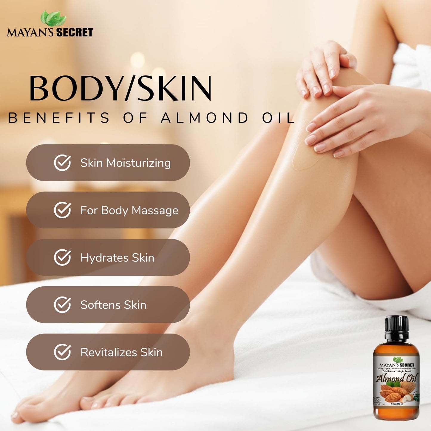 Mayan's Secret - 100% Organic Sweet Almond Oil for Skin Hair, Face - Cold Pressed Pure Almond Essential Oil (4 fl. oz.)