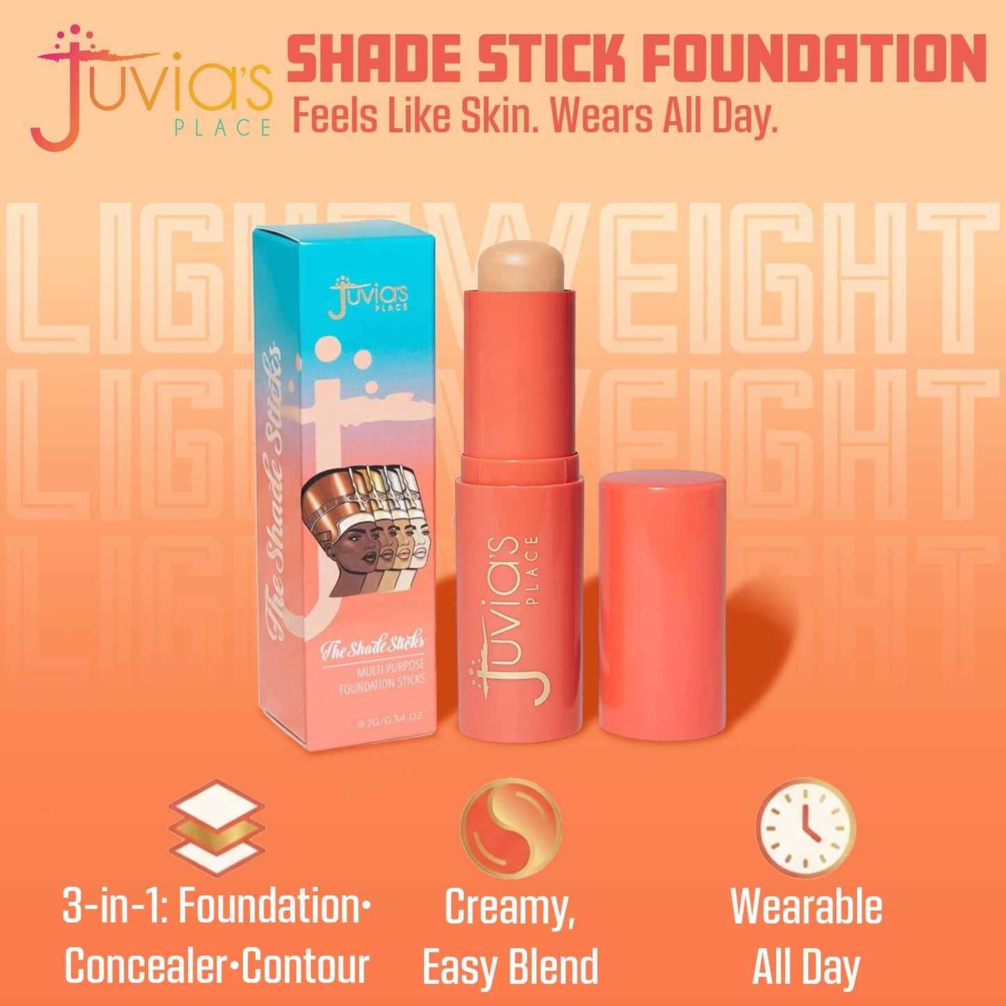 Juvia's Place The Shade Stick Foundation - Luxor - Light with Neutral Undertone for Fair to Light Skin Tones, Buildable Coverage for Foundation, Concealer & Contour, Creamy Formula, 0.34 oz
