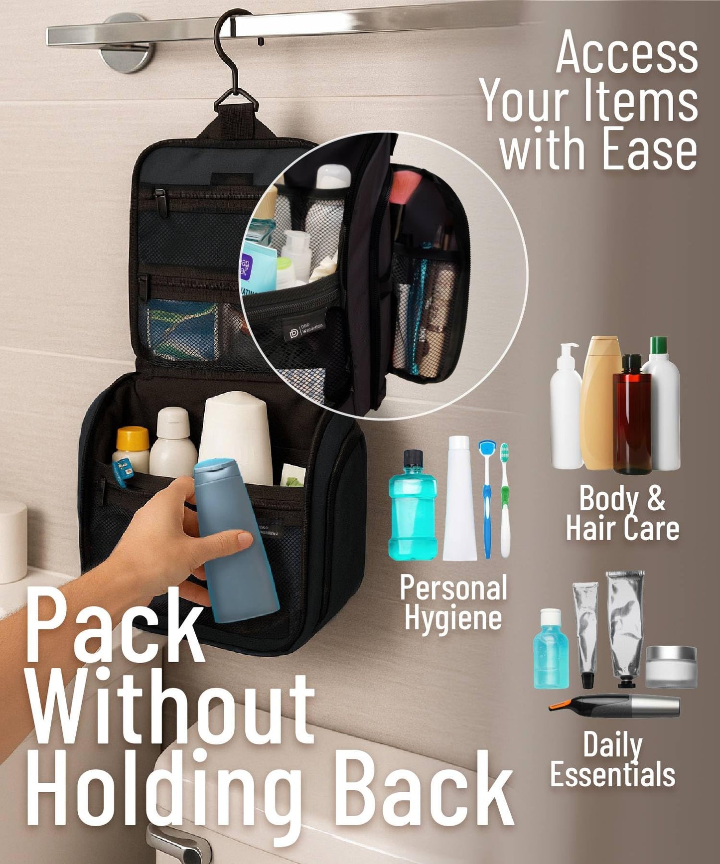 DD D&D Wanderlust D&D Hanging Travel Toiletry Bag for Men and Women - Cosmetics, Makeup and Toiletries Organizer Kit with 10 Compartments, YKK Beauty and Personal Care DD D&D Wanderlust