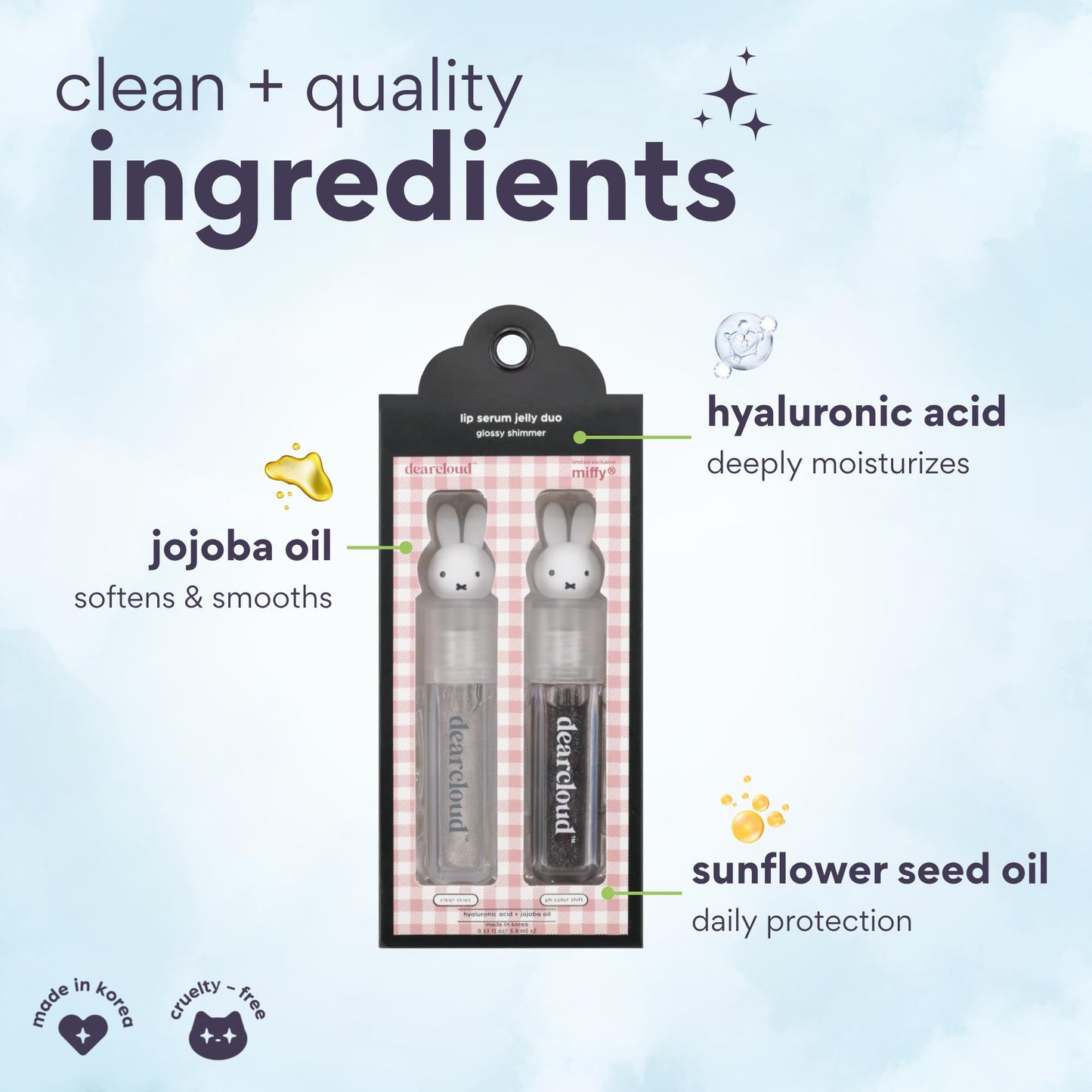 dearcloud Miffy Lip Serum Jelly Duo - Hydrating Lip Gloss for Women with Hyaluronic Acid, Rosehip & Jojoba Seed Oils- Korean Skin Care pH Color