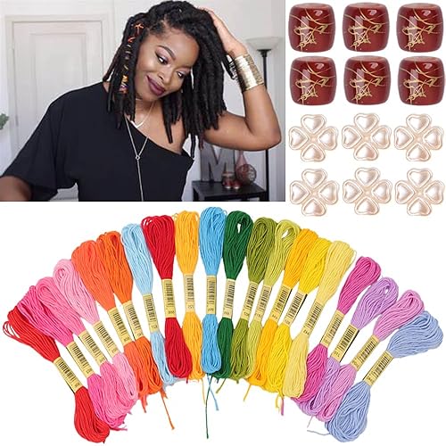 32PCS Hair Accessory Set with 12 Acrylic Hair Cuffs, 20 Colorful Dreadlock Jewels, and Yarn Hair Threads (multicolor)