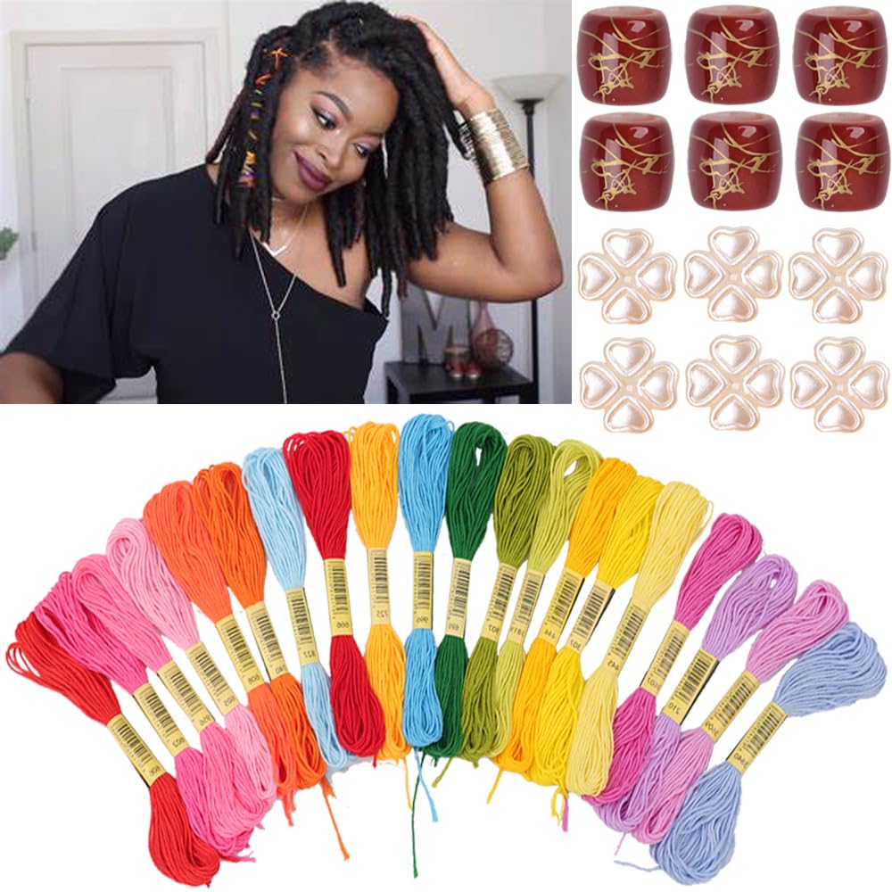 32PCS Hair Accessory Set with 12 Acrylic Hair Cuffs, 20 Colorful Dreadlock Jewels, and Yarn Hair Threads (multicolor)