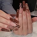 BABALAL Press on False Nails Full Cover Glue Stick on Fake Nails - Long Coffin, Brown Fall Acrylic, 24Pcs, Bling Glossy Manicure for Women and Girls