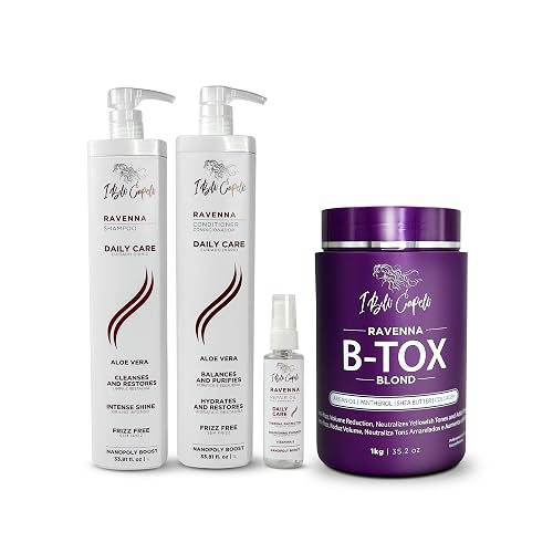I Belli Capelli Ravenna Hair Straightening Kit - Blonde Hair B-tox, Aloe Vera Shampoo & Conditioner, Repair Oil - Anti-Frizz, Intense Hydration, Shine