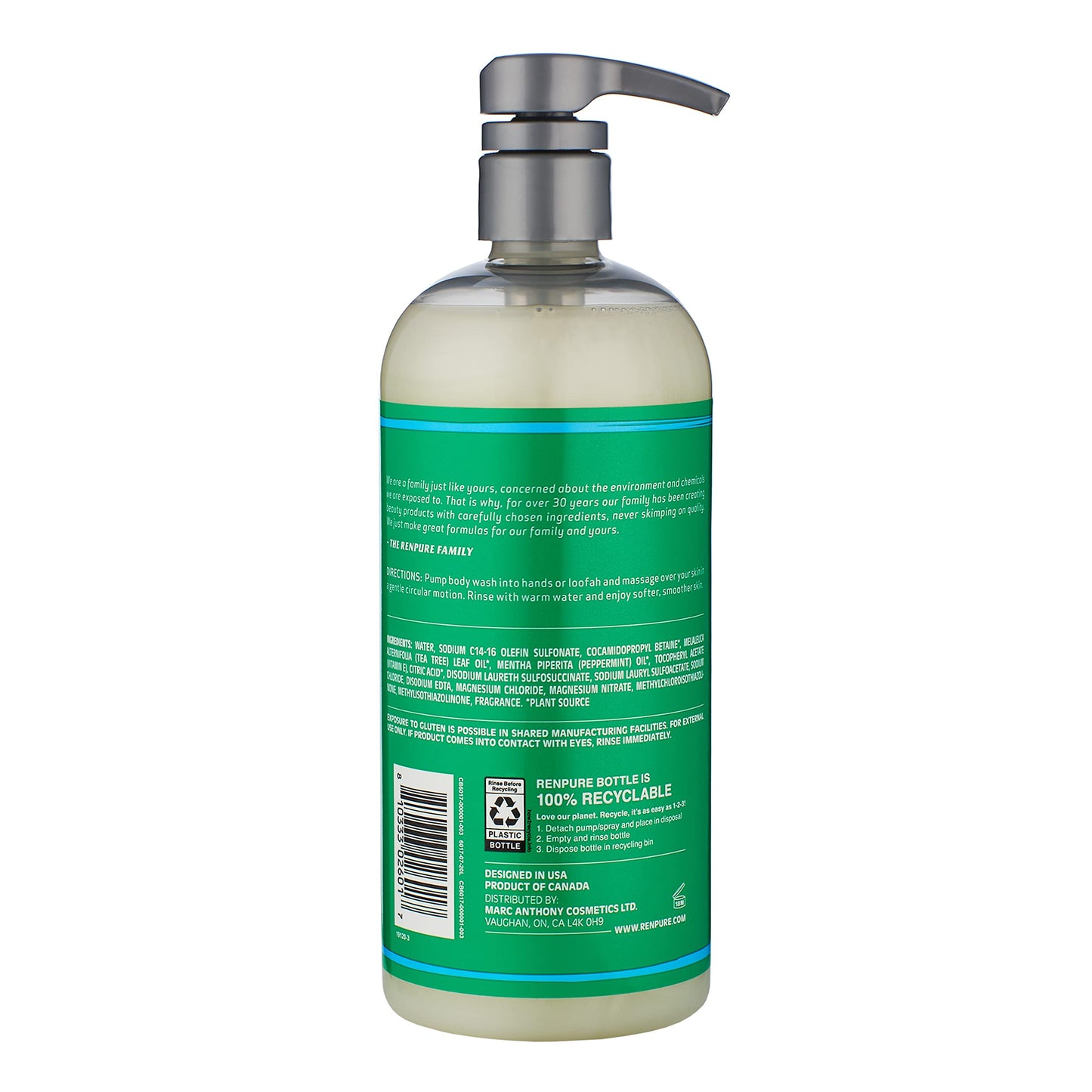Renpure Original Tea Tree Essential Oil & Peppermint Moisturizing Body Wash With Pump - for Dry Sensitive Skin & Decongest Pores - Sulfate Free Body