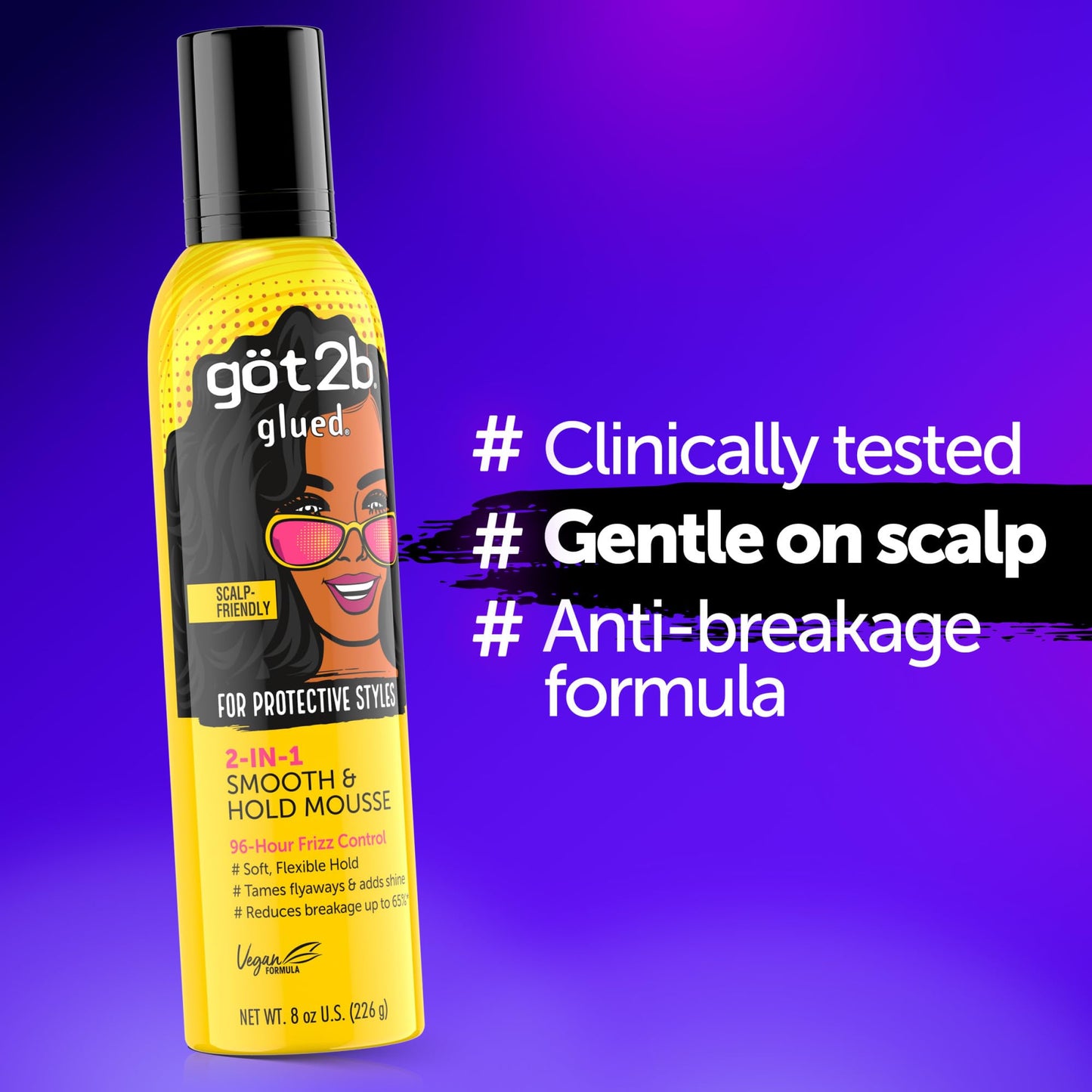 Got2b Glued 2-in-1 Smooth & Hold Hair Mousse, 8 Fl Oz, 96 Hour Frizz Control & Soft Flexible Hold for Wigs, Braids and Curls, No Stickiness