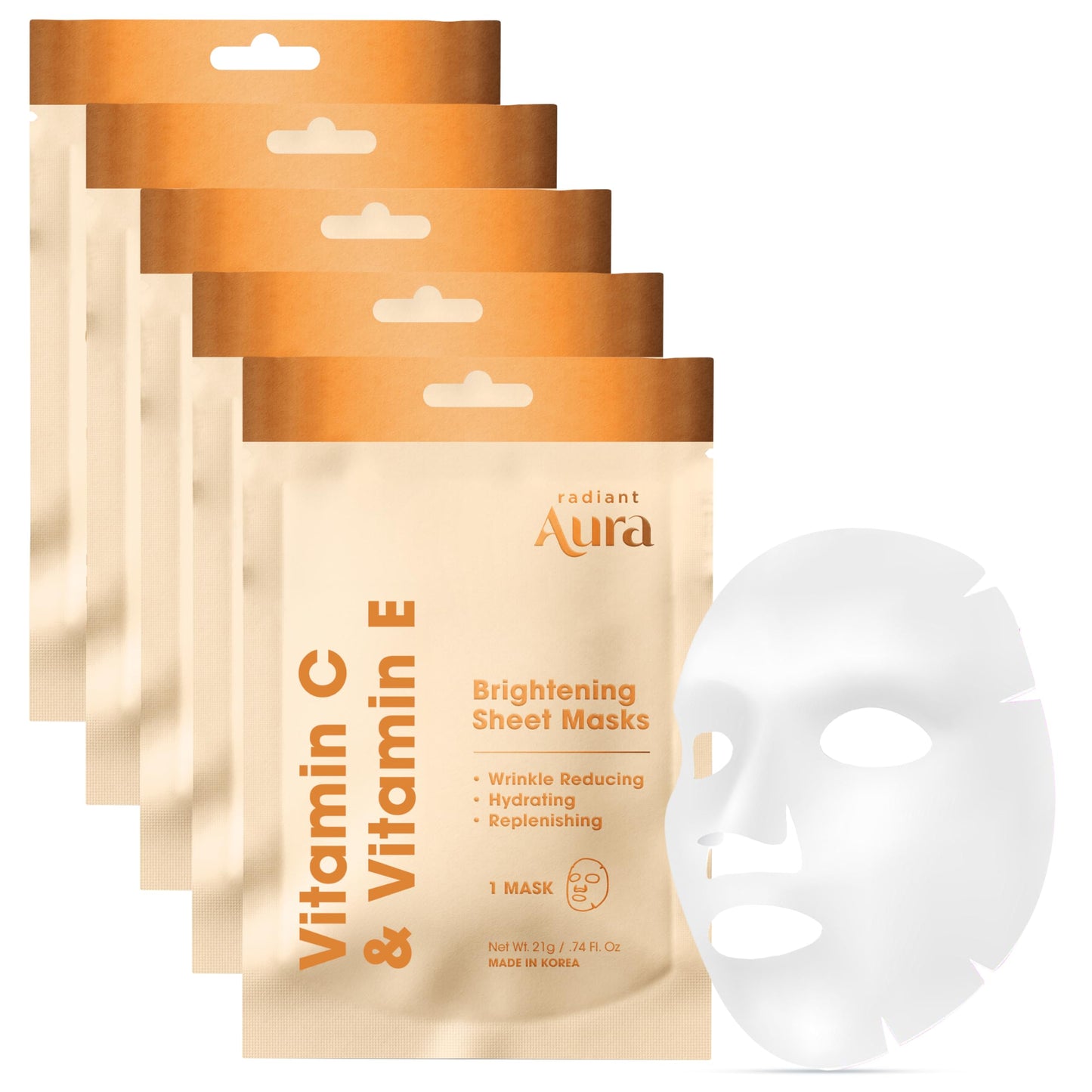 Radiant Aura Vitamin E & Vitamin C Sheet Mask - Dermatologist Tested, Anti Aging, Korean Skin Care - Deep Hydration, Softens Fine Lines, Fades The