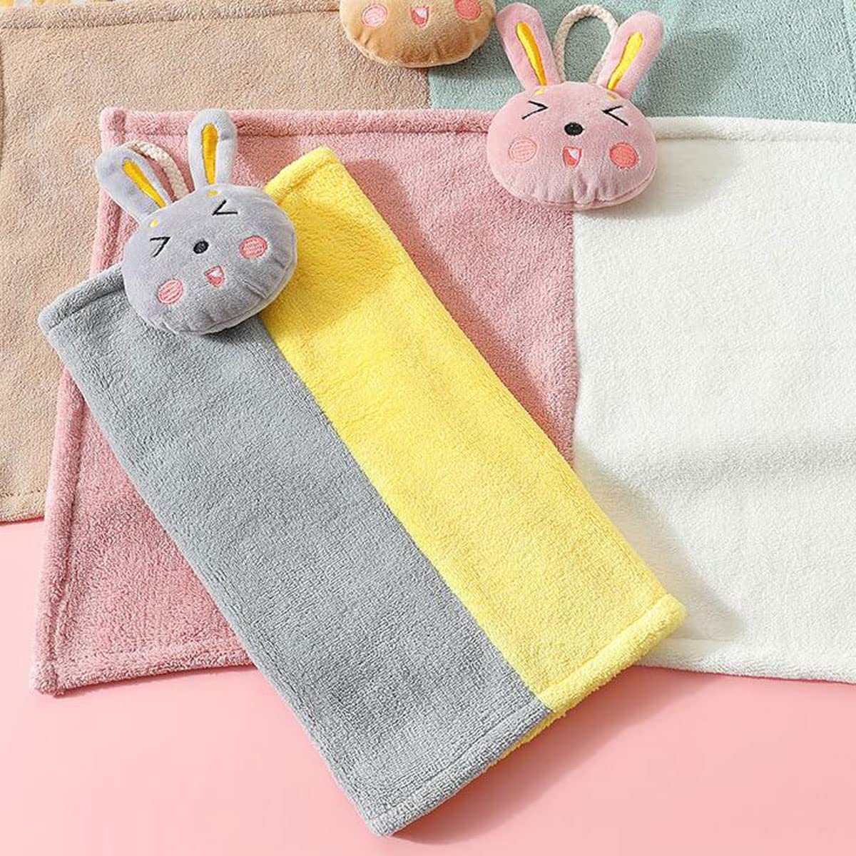 Ewanda 3 Pack Cute Rabbit Hand Towels with Hanging Loop, Kids Hanging Towels for Kitchen & Bathroom