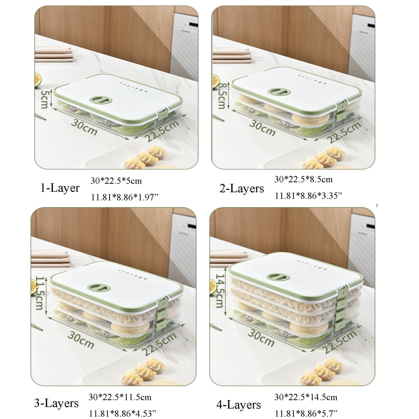 MueJah Dumplings Storage with 4 Layers, Stackable with Buckle, Lid & Handle for Cookies Wonton Donuts Box Organizer For Fridge, White-Green