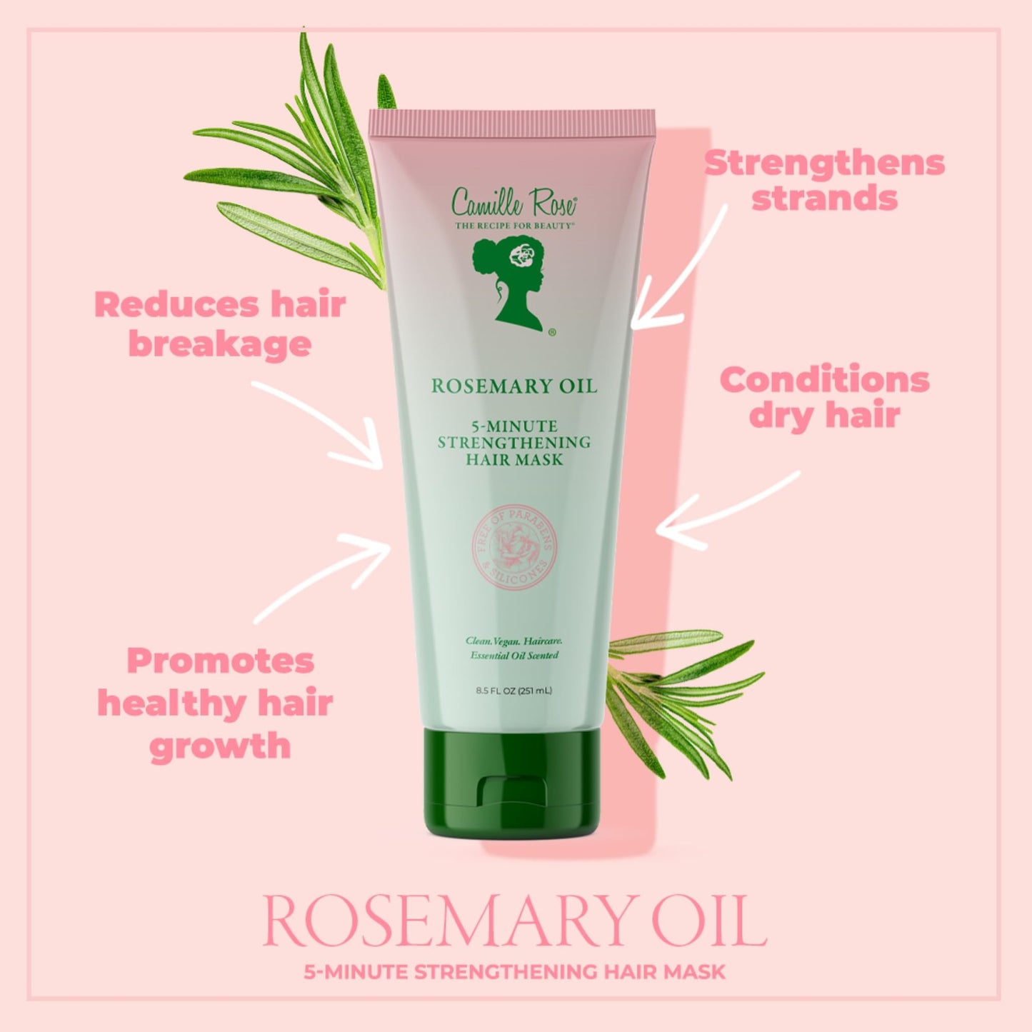 Camille Rose Rosemary Oil 5-Minute Deep Strengthening Hair Mask and Conditioner, with Natural Castor, Peppermint, and Rosemary Oils for Hair Growth