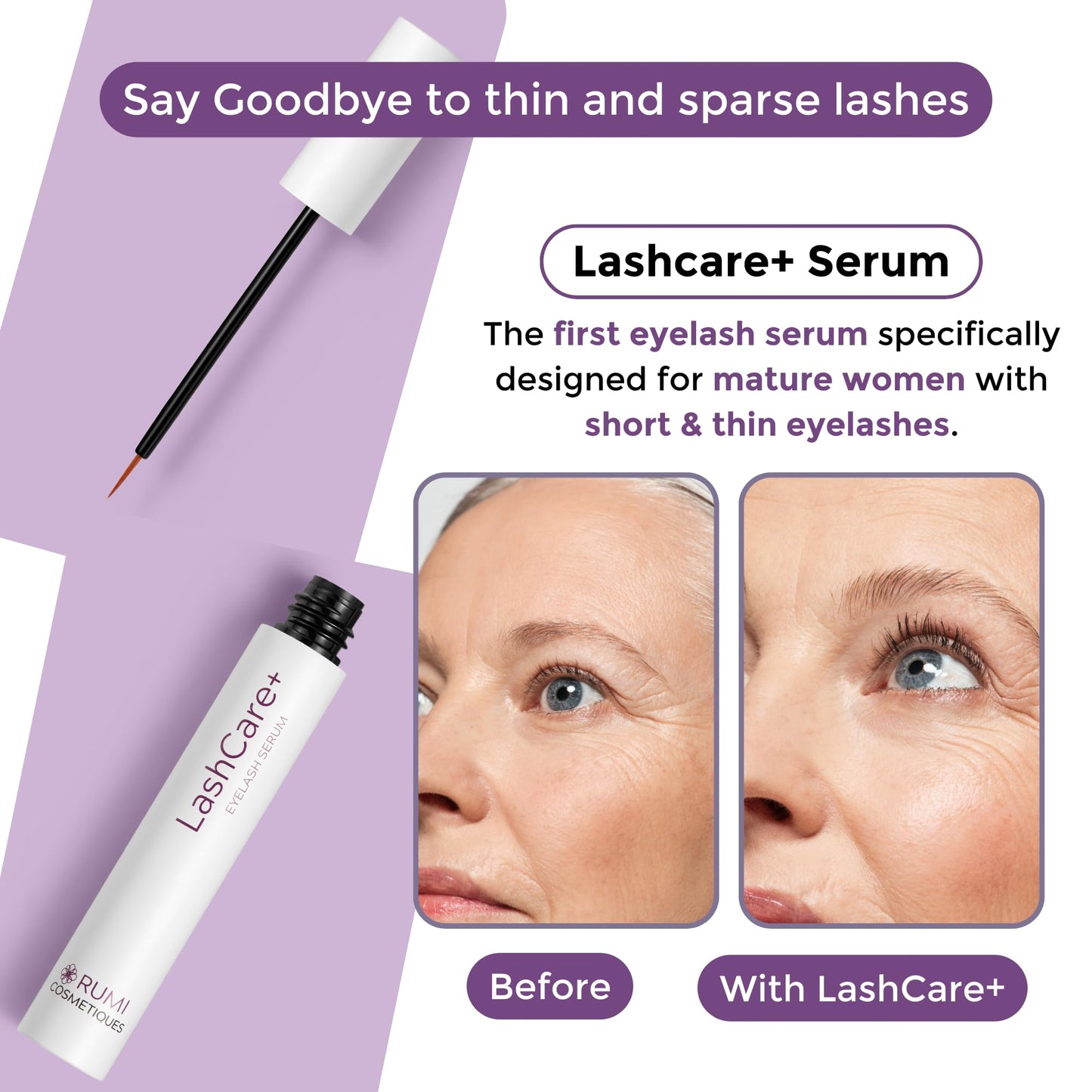 LashCare+ Eyelash Enhancing Serum For Mature Women - Longer, Thicker Lashes in 12 Weeks - For Sensitive Eyes, Natural Growth - Enhancement Beauty & Personal Care Rumi Cosmetiques