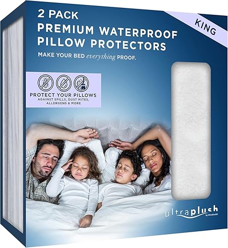 UltraBlock Ultra Plush Premium Waterproof Pillow Protector Set of 2 - Zippered Pillow Case Cover - Super Soft and Quiet Feather Proof Encasement (King