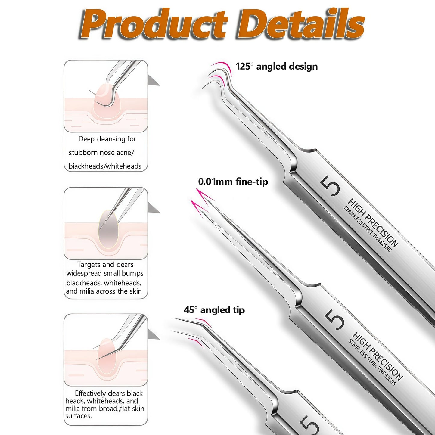 1Set(3PCS) Silver Professional Remove Blackheads Tweezers Set - Stainless Steel Straight/Slanted & Pointed Splinter/Bend Curved Blemish Extractor Tool