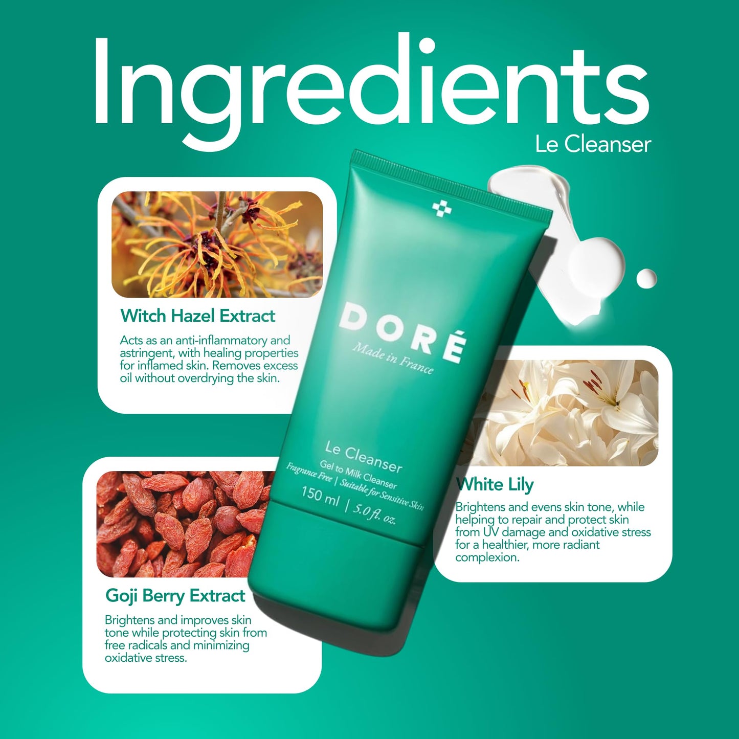 Doré - Le Cleanser Gel to Milk Daily Face Cleanser | Gentle Hydrating Cleaner for Dry & Sensitive Skin | Makeup Remover for Women & Men for Face (5 fl