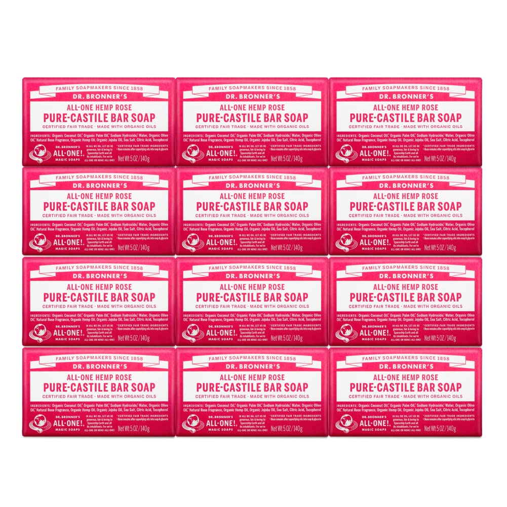 Dr. Bronner's - Pure-Castile Bar Soap - Rose, Made w/Organic Oils, For Face, Body & Hair, Gentle & Moisturizing, Smooth Lather, Biodegradable, Vegan