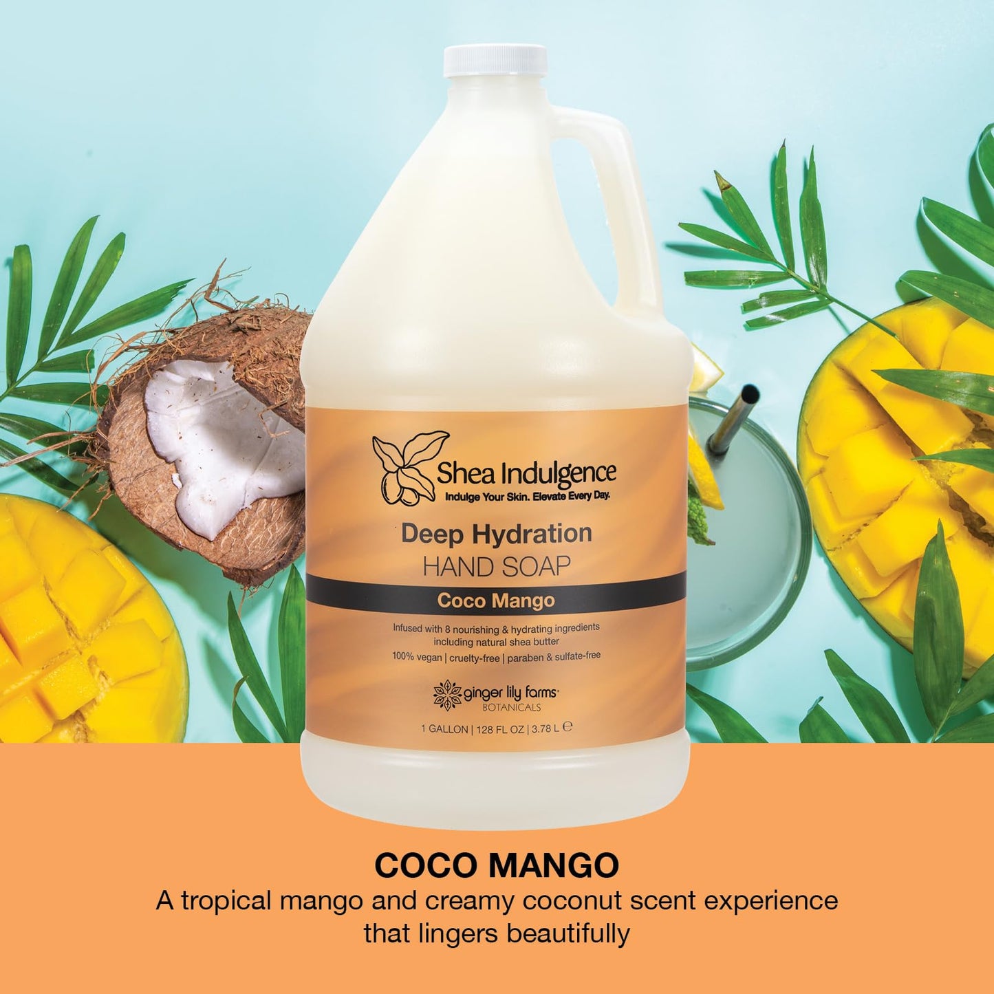 Ginger Lily Farms Botanicals Shea Indulgence Deep Hydration Liquid Hand Soap Refill, Coco Mango, 100% Vegan & Cruelty-Free, Coconut Mango Scent, 1