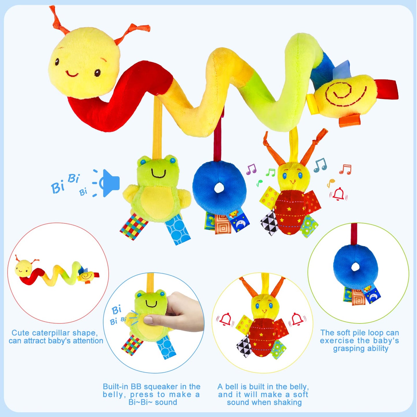 FPVERA Spiral Car Seat & Stroller Toy – Soft Hanging Baby Sensory Toy with Bell & Music for Crib, Stroller, Carseat (0-12M)