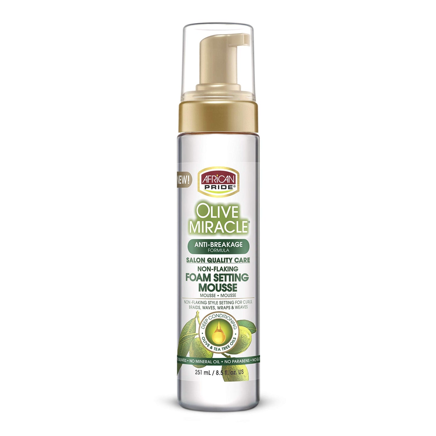 African Pride Olive Miracle Non-Flaking Foam Setting Hair Mousse, Long-Lasting Frizz & Shine Control for Curls, Braids, Weaves, Wigs, Waves & Wraps