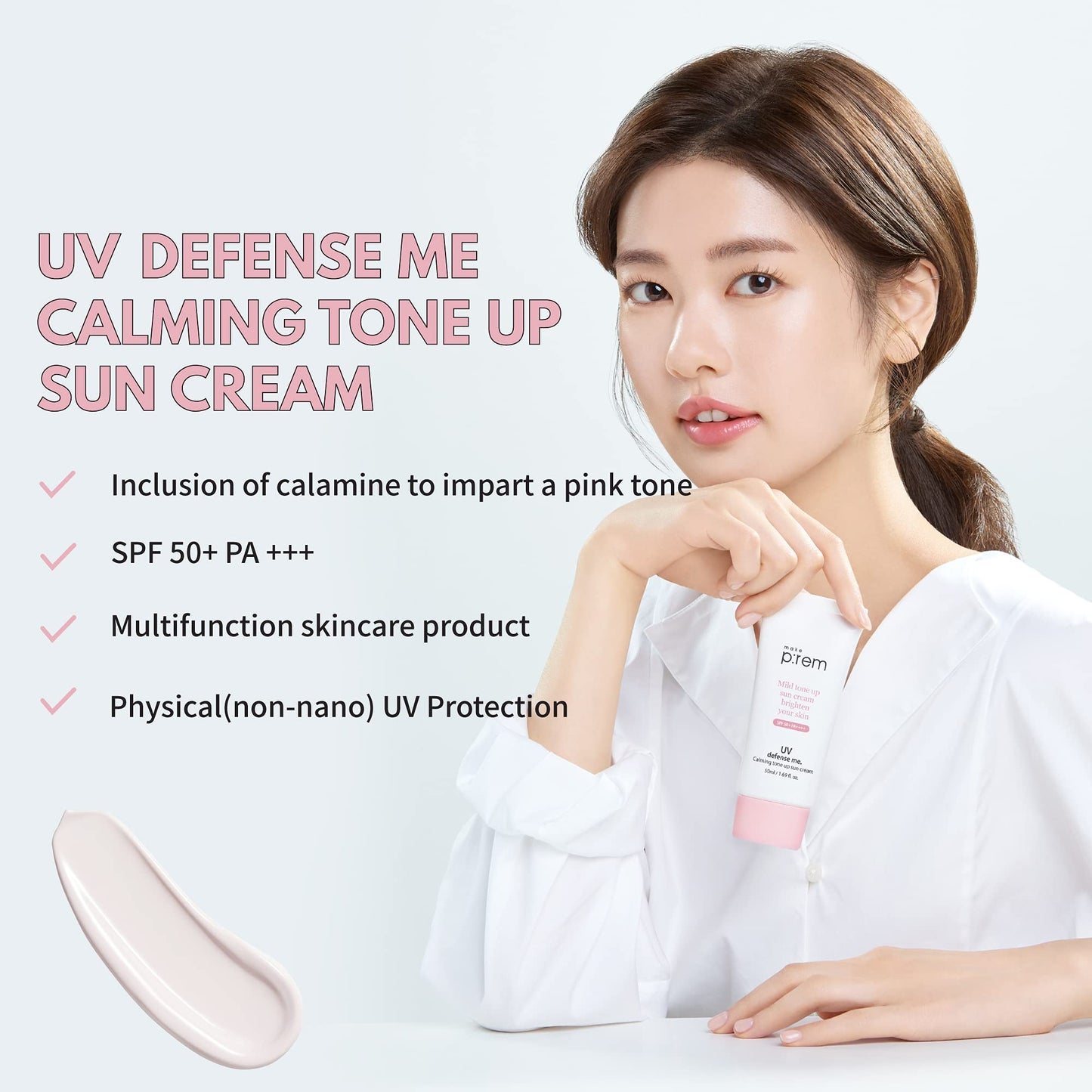 MAKEPREM UVA UVB Defense Me Calamine Calming Sun Cream SPF 50+ PA++++ 1.69 Fl Oz Korean Mineral Sunblock VEGAN Sunscreen Reef-safe Mild Non-Irritating