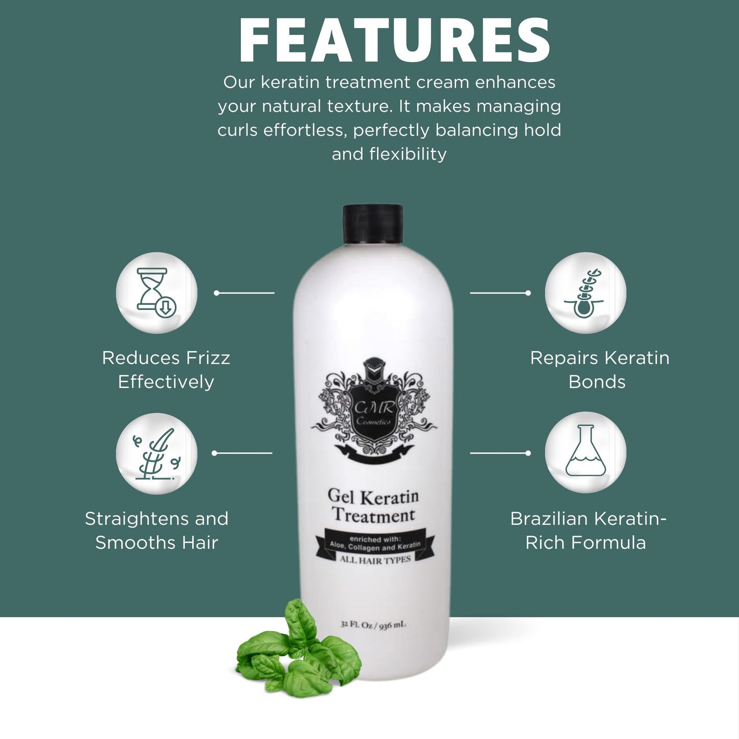 CMR Cosmetics Brazilian Keratin Hair Treatment Gel - Straightening, Smoothing & Repairing Formula, Adds Volume & Gloss, Reduces Frizz, Preserves