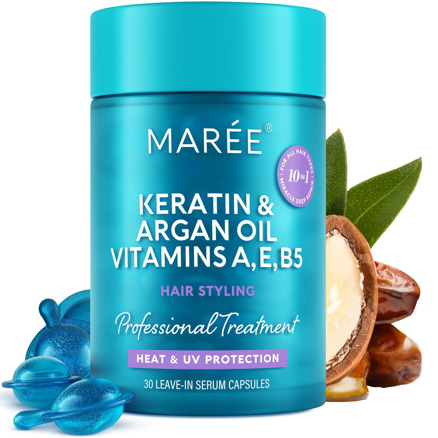 MAREE Hair Serum for Frizzy Dry Hair - Styling Capsules with Keratin, Argan Oil, Vitamins A E B5 - UV & Heat Protectant Frizz Control Serum for Women Beauty and Personal Care MAREE