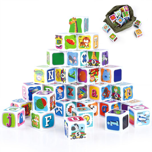 PLAY ABC 28pcs Toddler Building Blocks – Plastic Alphabet & Number Stacking Set, Montessori Preschool Learning Toys for Kids Ages 1-3