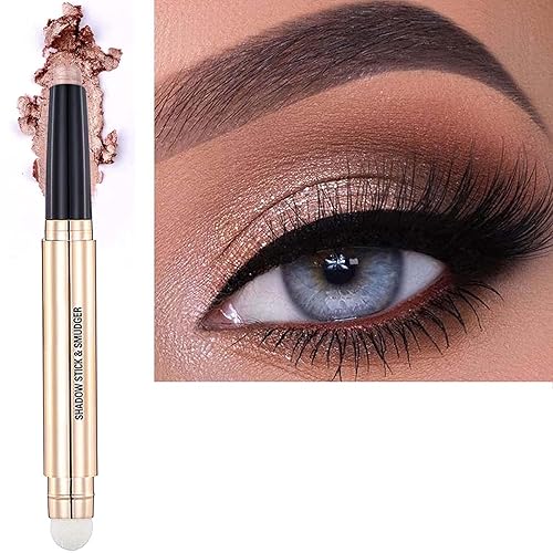 Rose Gold Eyeshadow Stick and Sponge Brush Cream Shimmer Smooth Eyeshadow Pencil Hypoallergenic Waterproof Eye Shadow Eyeliner Highlighter Stick