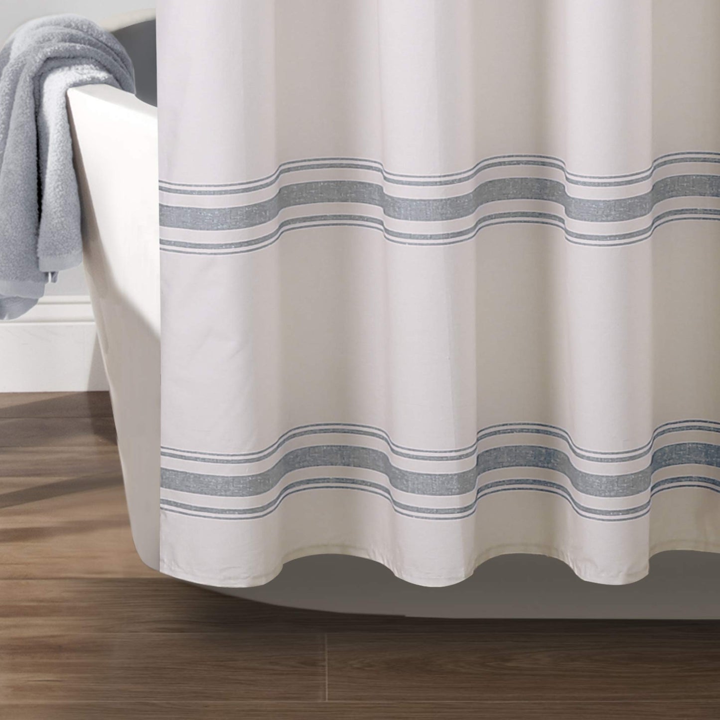 Lush Decor Farmhouse Stripe Cotton Shower Curtain, 72" W x 72" L, Blue - Striped Bathroom Curtain - Fabric Shower Curtains - Farmhouse Bathroom Decor