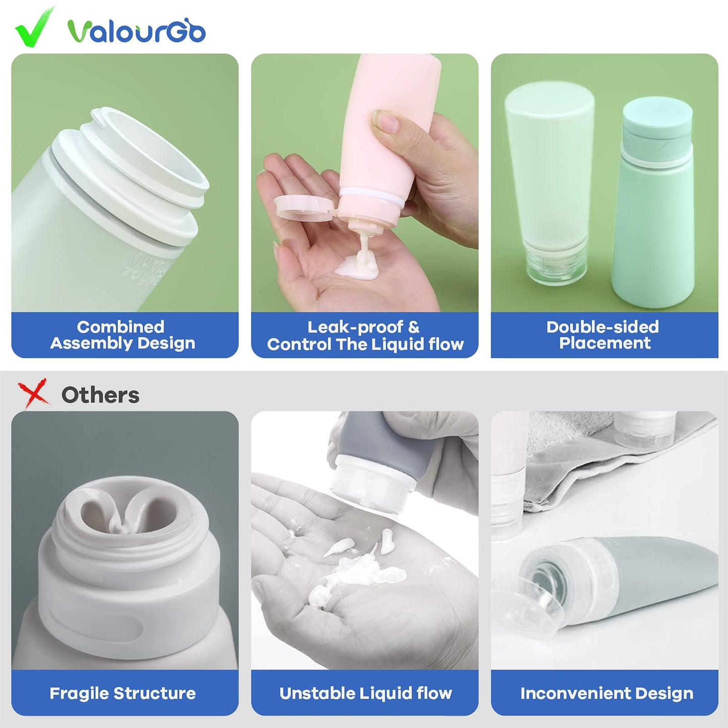 Valourgo Travel Bottles for Toiletries Tsa Approved Travel Size Containers BPA Free Leak Proof Travel Tubes Refillable Liquid Travel Accessories