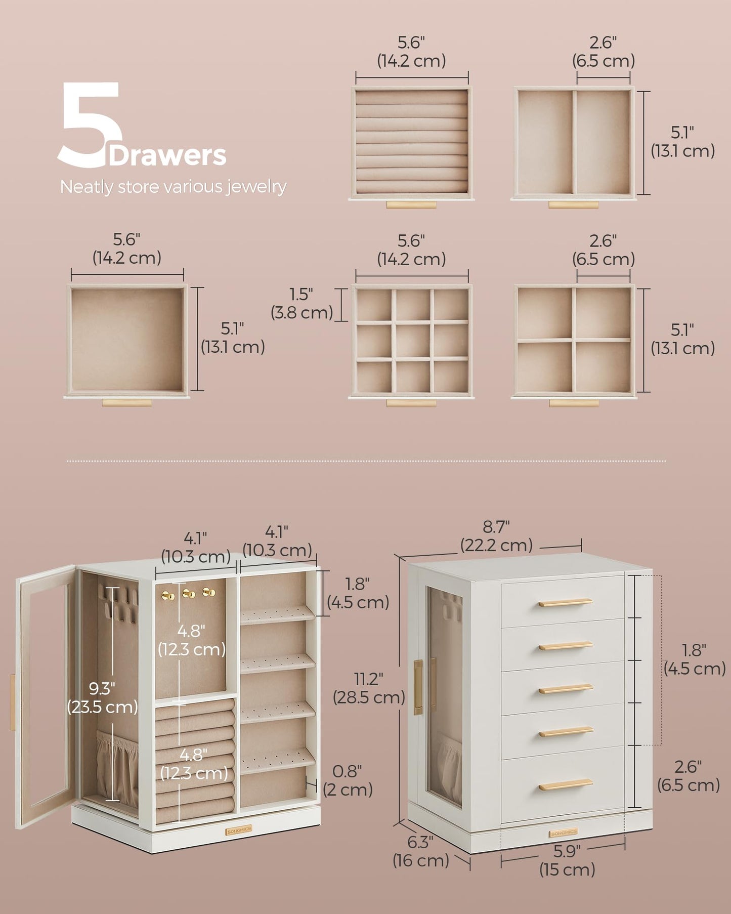 SONGMICS Jewelry Box 360° Rotating, Jewelry Storage Case with 5 Drawers, Jewelry Organizer, Glass Window, Spacious, Vertical Jewelry Storage, Open…