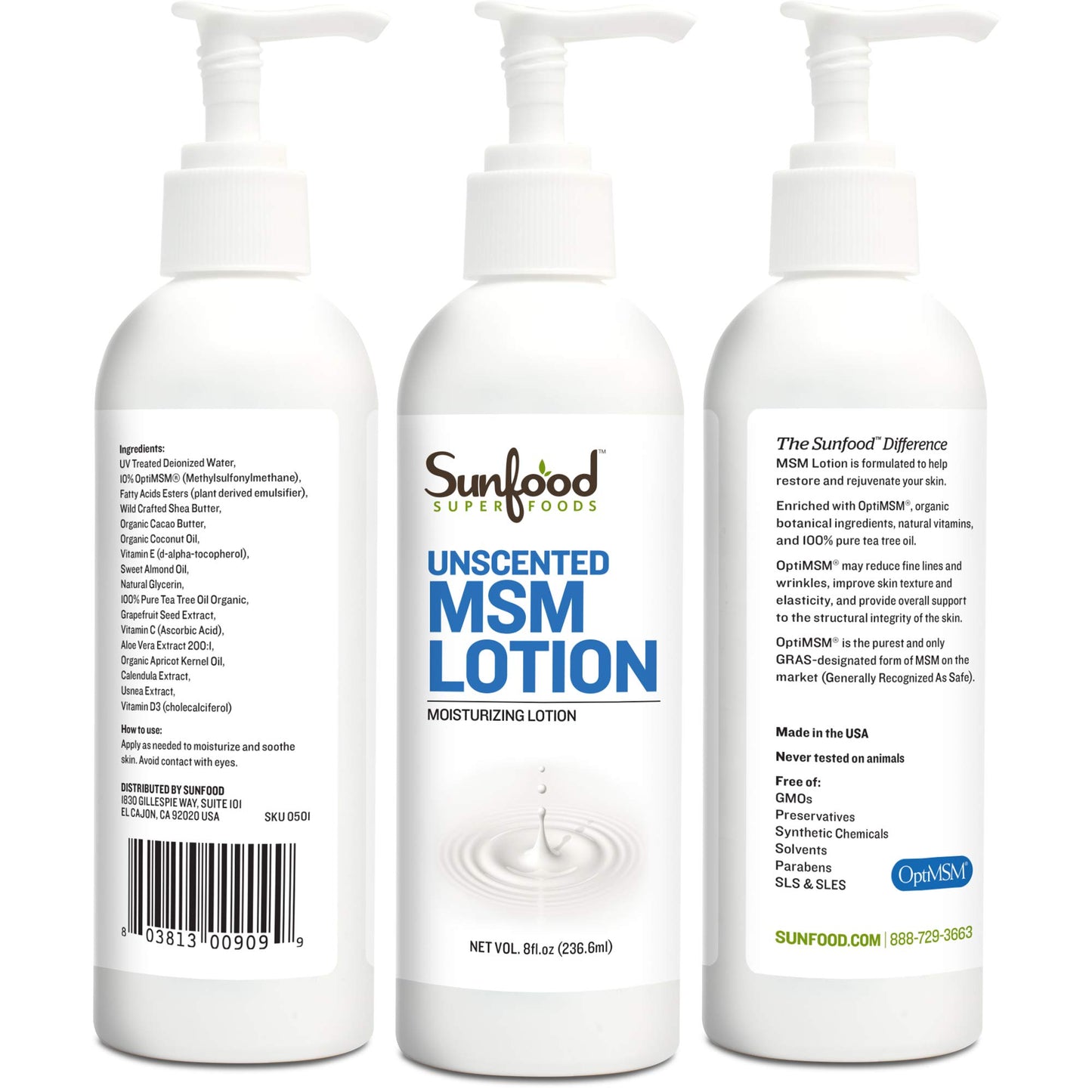 Sunfood Superfoods Unscented MSM Lotion. 8 oz Bottle