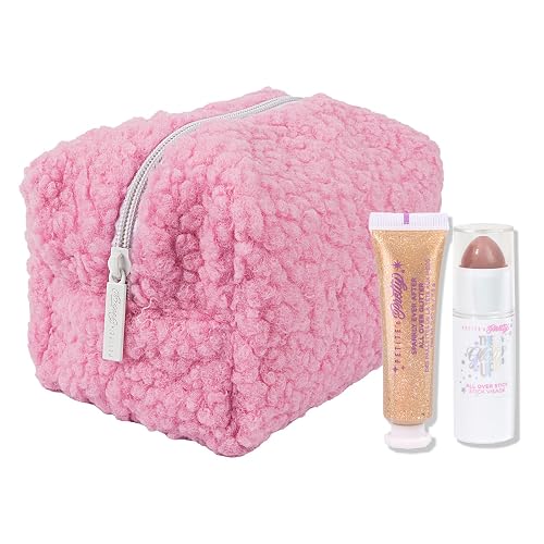 Petite N Pretty Glitter Makeup Set - Shimmering for Eyes, Cheeks, and Body - Glow Up Stick & All-Over Glitter in Pink Sherpa Bag for Kids, Teens