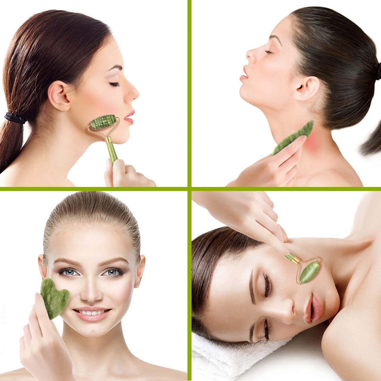 4-pcs Jade Roller & Gua Sha Set, Facial Roller Massager with Gua Sha Scraping Tool, Jade Stone Massager for Anti-aging, Slimming & Firming, Rejuvenate