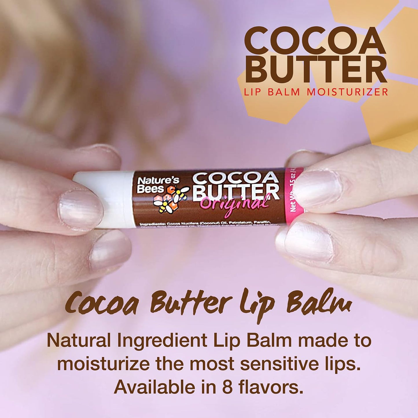 Nature's Bees Cocoa Butter Lip Balm, Lip Care for Dry Lips, Made with Coconut Oil, Beeswax, Vitamin E, Aloe, and Shea Butter, 0.15 oz Each, 4 Flavors