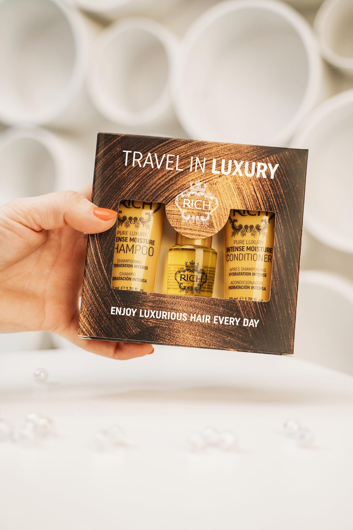 RICH Travel in Luxury Gift Set - Intense Moisture Shampoo 1.70 Fl Oz, Conditioner 1.70 Fl Oz, Argan Oil Elixir 1.0 Fl Oz for moisturzing hair