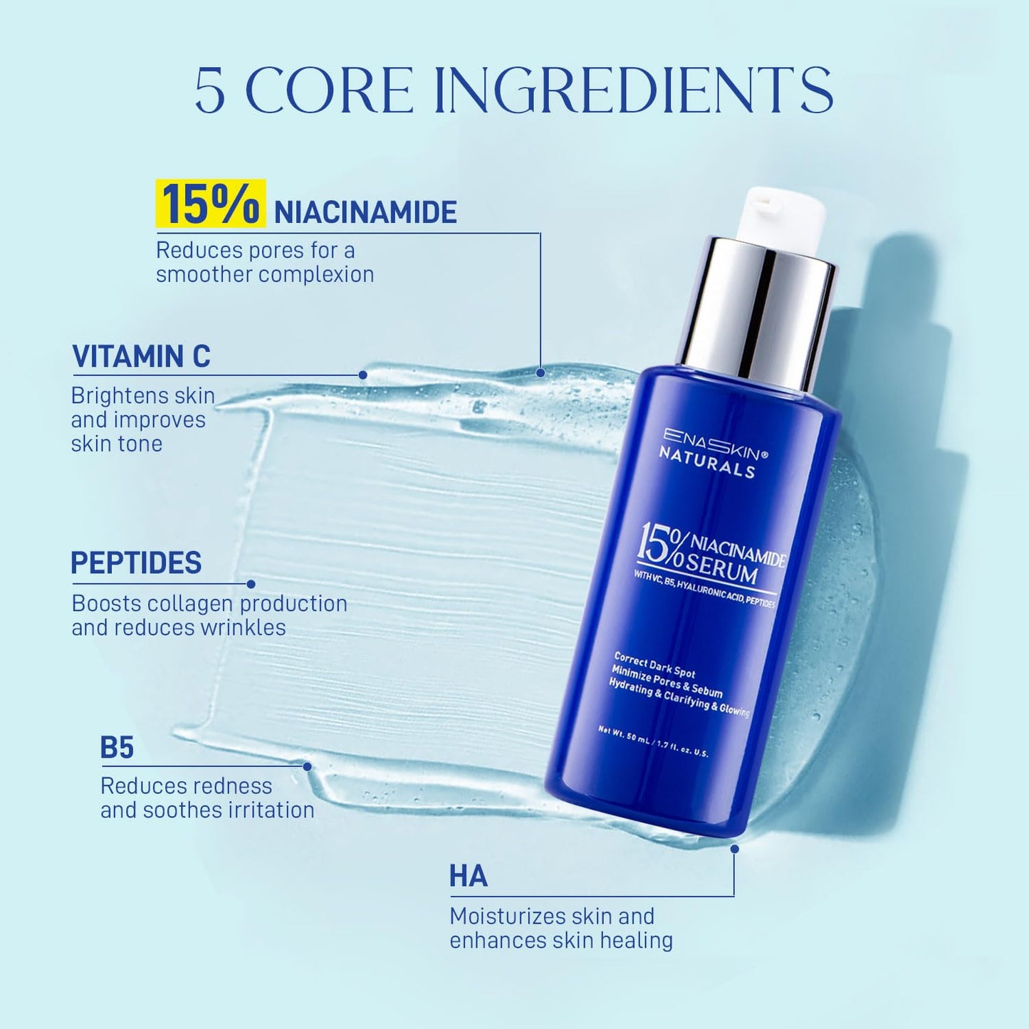 Niacinamide Serum 15% for Face - Dark Spot Corrector, Pore Minimizer, Oil & Blemish Control, Brightening & Hydrating with Vitamin C, B5, Peptides