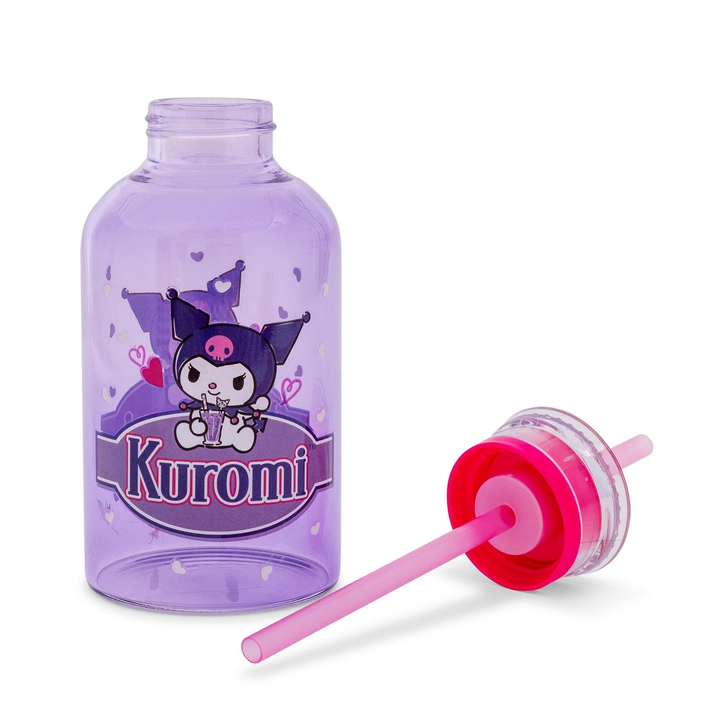 Silver Buffalo Sanrio Hello Kitty and Friends Featuring Kuromi Hearts Purple Glass Milk Bottle with Straw, 15 Ounces