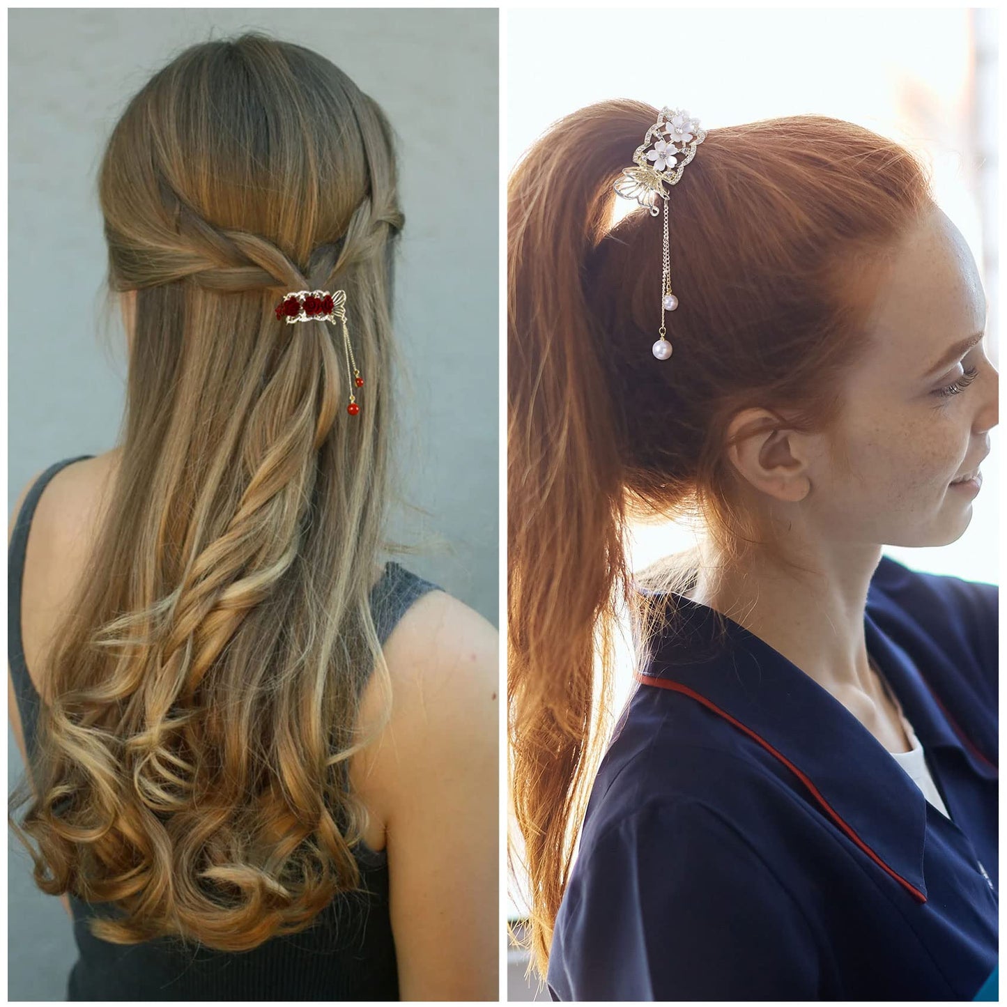 HINZIC 2pcs High Ponytail Hair Claw Clips, 2inch Rose Crystal Rhinestone Hair Clips Vintage Barrettes Cuff Chinese Hair Accessories for Thick Long