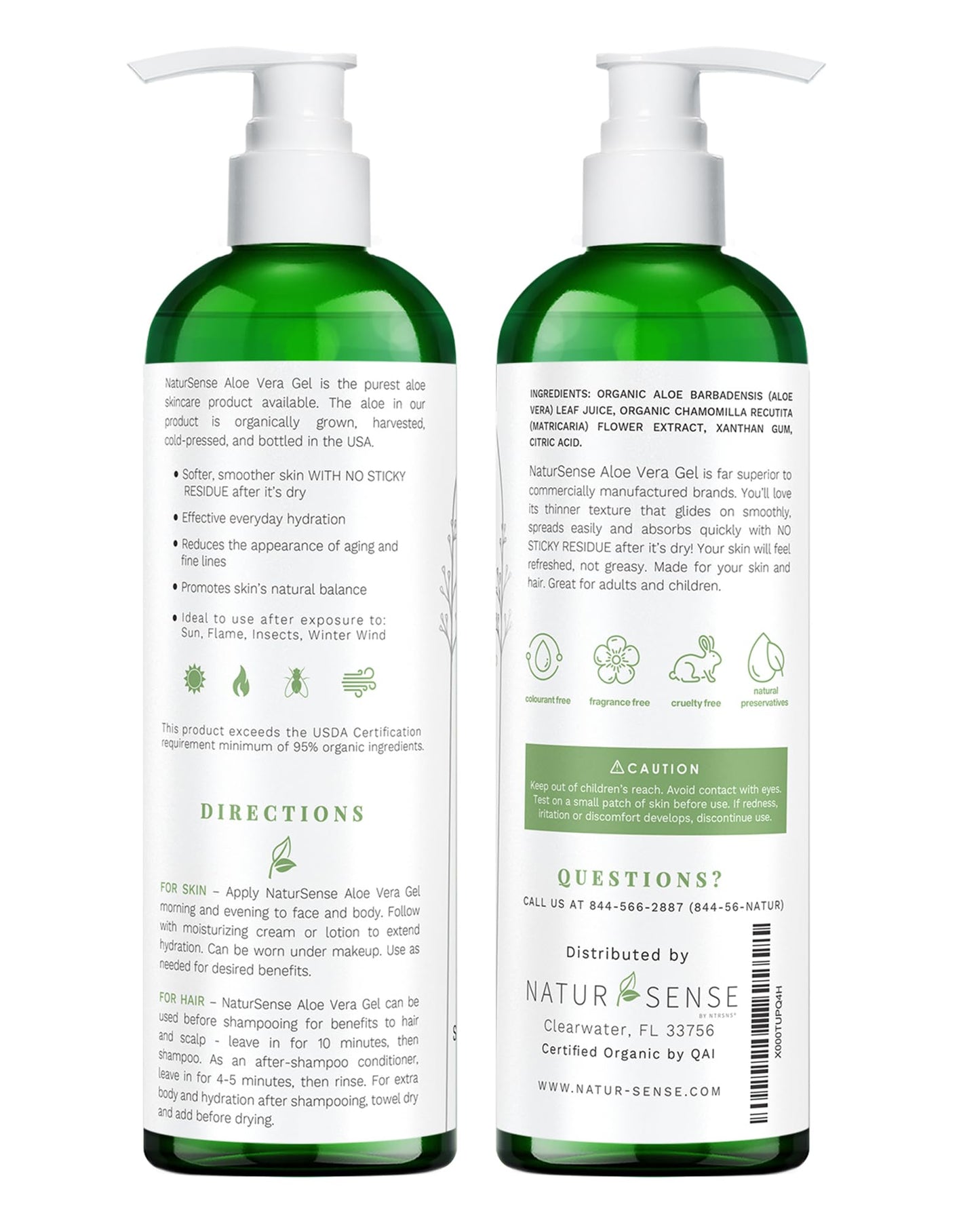 NaturSense USDA Organic Aloe Vera Gel from 100% Pure Aloe. Deep Hydration, Effective Moisturizing. Great for Hair, Scalp, Face, Dry Skin, Acne