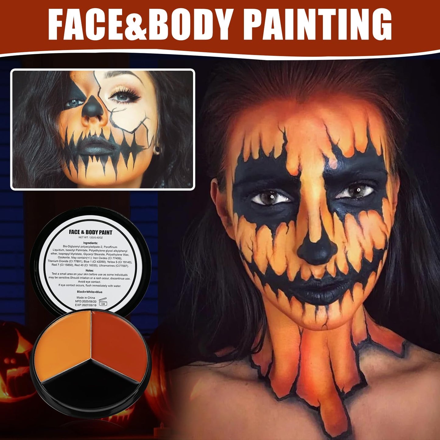 VPCRT6 Black Red Orange Face Body Paint, with 3PCS Sponge and 1PC Brush, Face Painting Kit with Applicator for Halloween Makeup, Pumpkin Cosplay