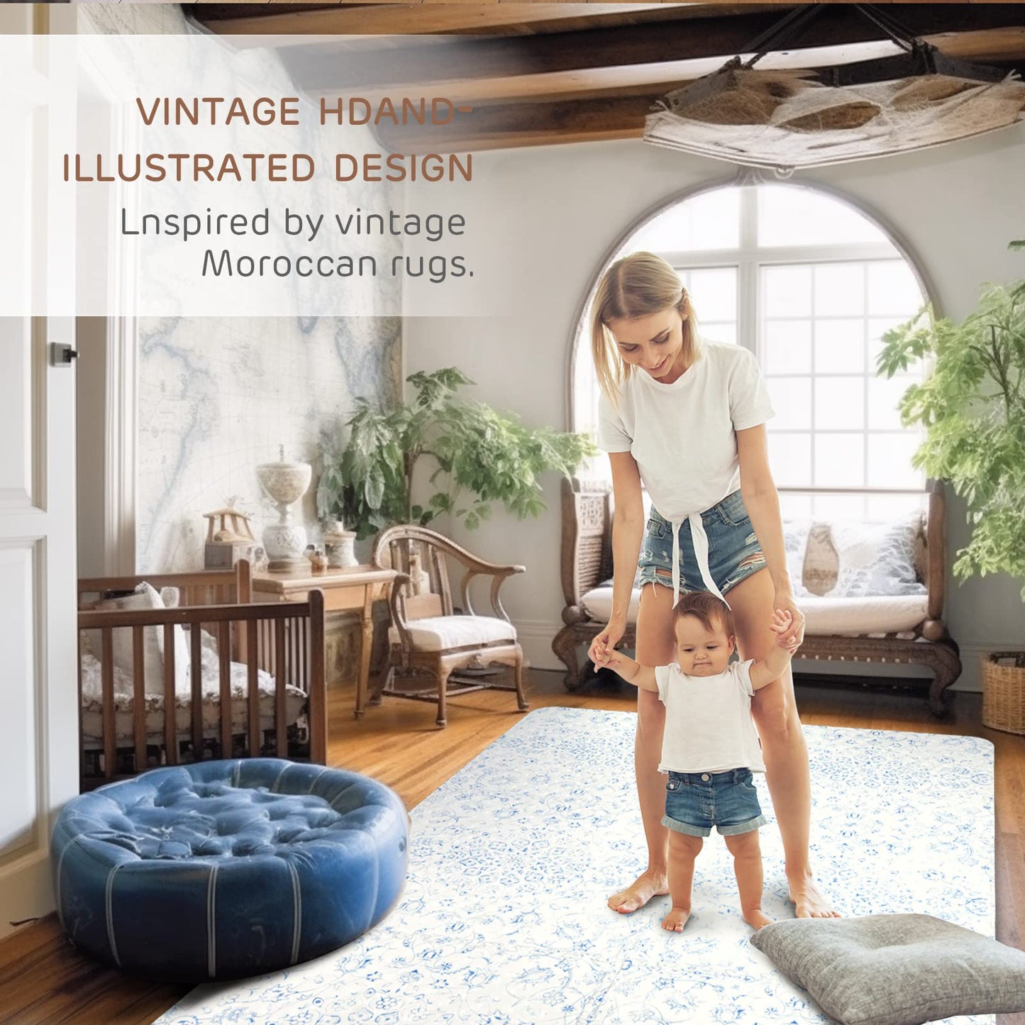 Extra Large Baby Play Mat - 4FT x 6FT Non-Toxic Foam Puzzle Floor Mat for Kids & Toddlers (Persia Handmade Pattern, Blue and White)