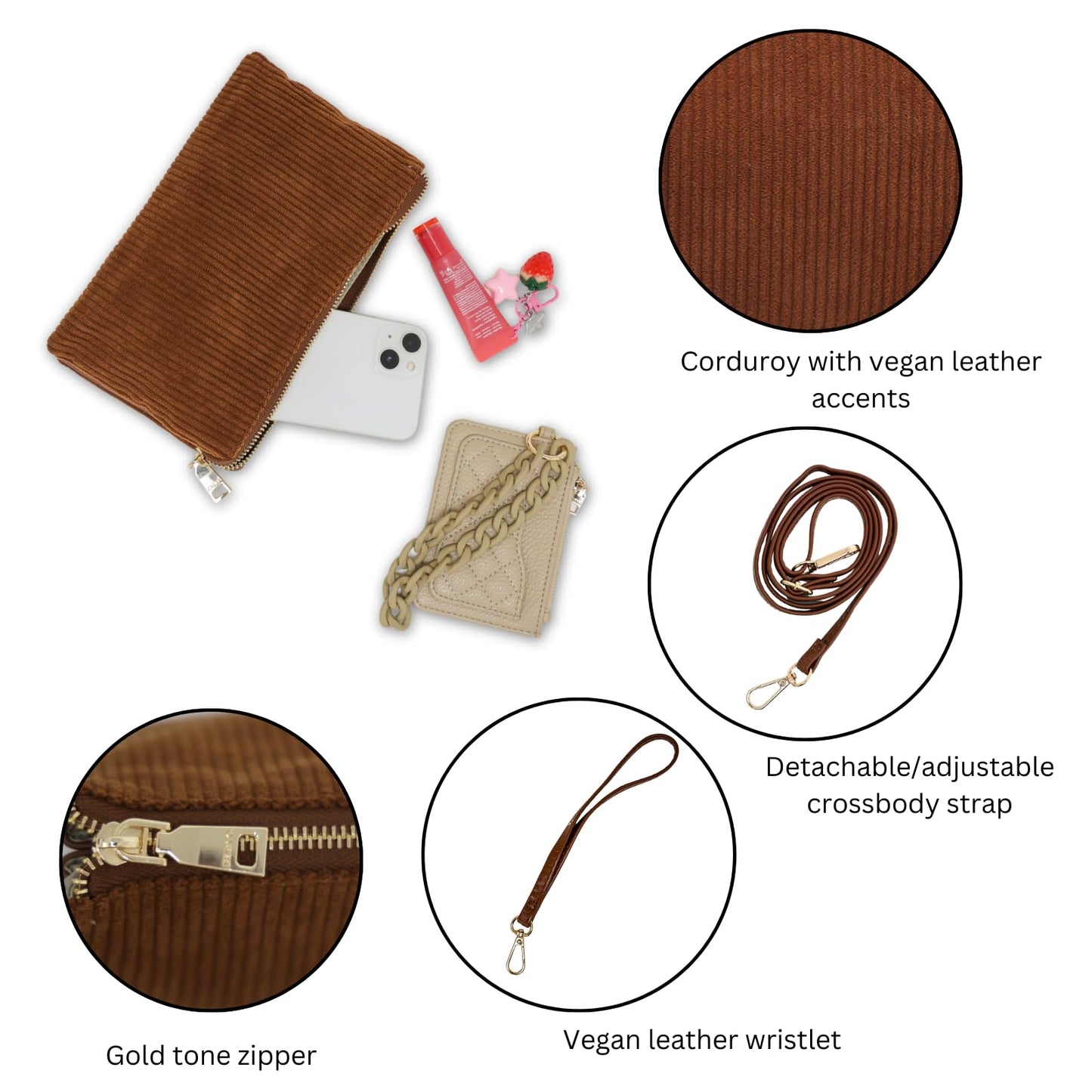 JEN & CO. Riley Corduroy Small Crossbody Bags Vegan Leather Wristlet Wallets Clutch Purses Shoulder Handbag for Women, Black