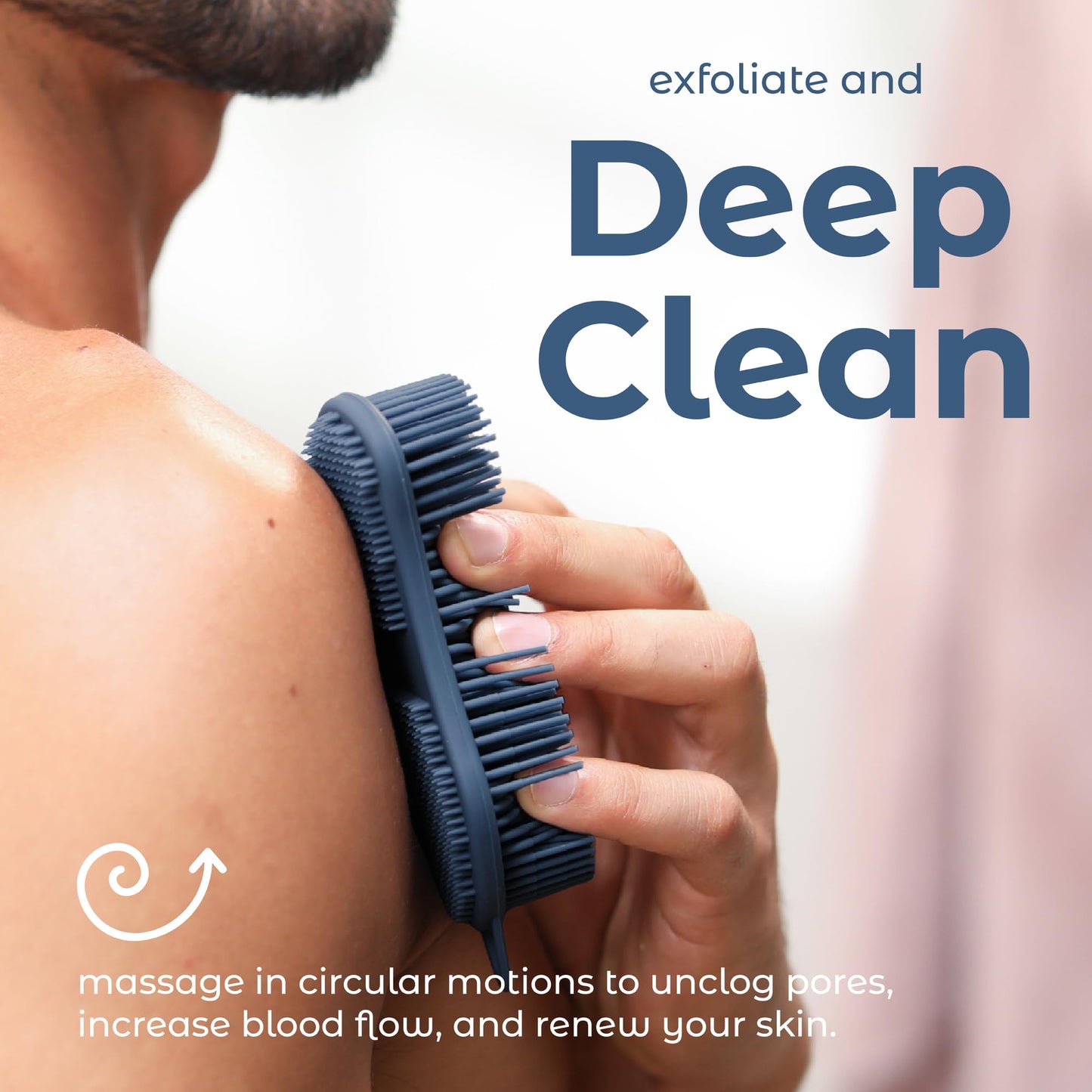 MainBasics Silicone Body Scrubber Dual-Sided Shower Loofah and Exfoliator (Dark Blue, Exfoliate)