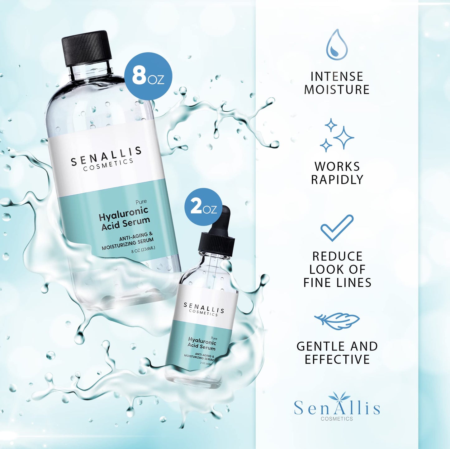 Hyaluronic Acid Serum 8 fl oz And 2 fl oz, Made From Pure Hyaluronic Acid, Anti Aging/Wrinkle, Ultra-Hydrating Moisturizer That Reduces Dry Skin