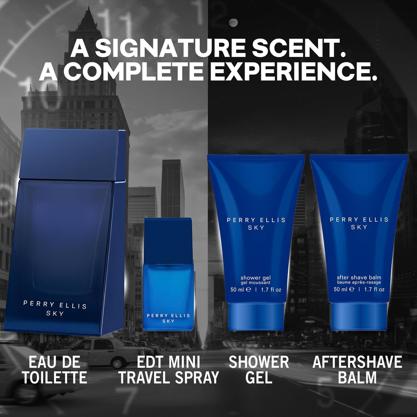 Perry Ellis Sky 4-Piece Men's Gift Set - 3.4 oz eau de toilette, 1.7 oz aftershave, 1.7 oz shower gel, .25 oz EDT mini travel spray