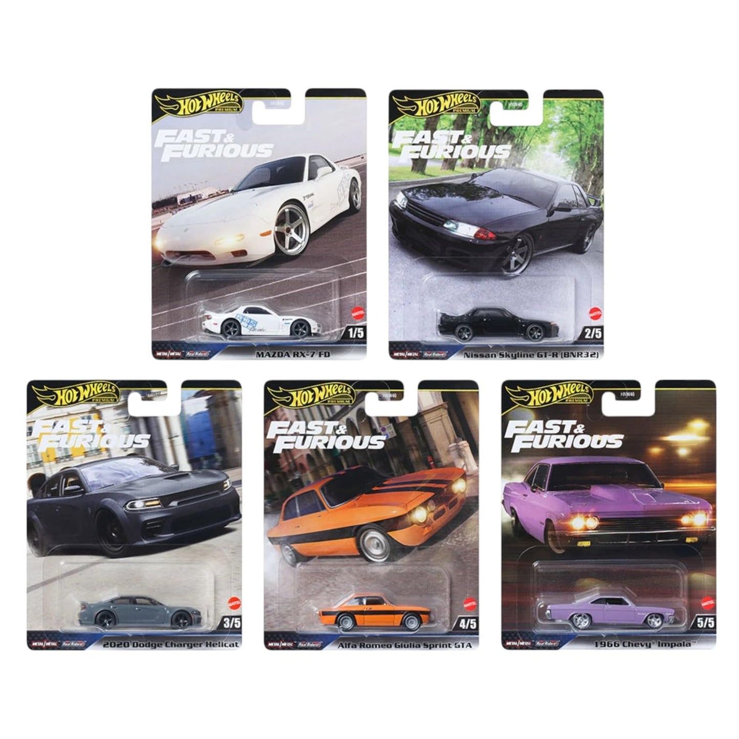 Hot Wheels Fast & Furious Die-Cast Cars Collection, 5-Pack Set, Mazda RX-7, Nissan Skyline, Dodge Charger, Alfa Romeo, Plymouth HNW-956K