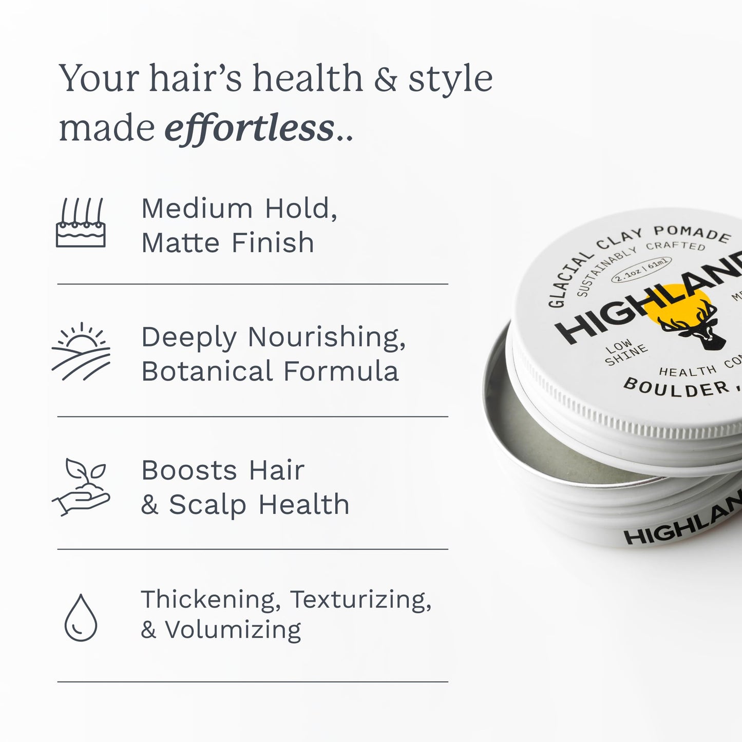 Highland Glacial Hair Clay Pomade - Award winning hair styling clay for men and women made with 100% all natural and organic ingredients that promote Beauty and Personal Care Highland