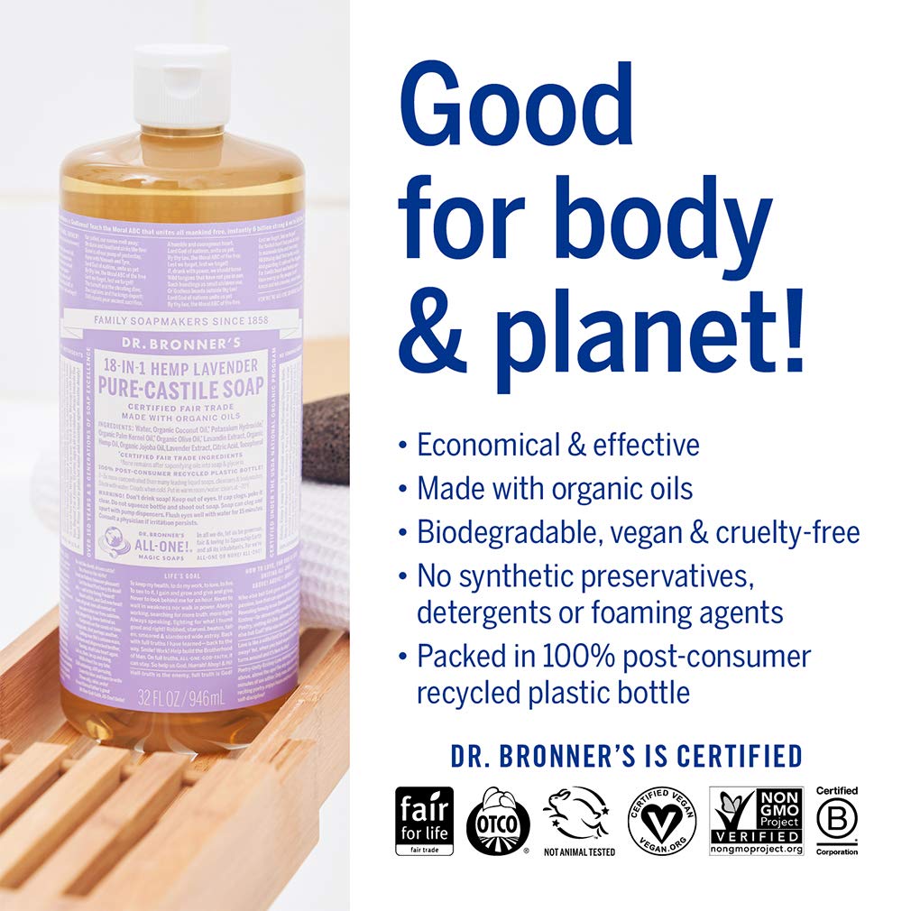 Dr. Bronner's - Pure-Castile Liquid Soap (Lavender, 32 Fl Oz) - Made with Organic Oils, 18-in-1 Uses: Face, Body, Hair, Laundry, Pets and Dishes