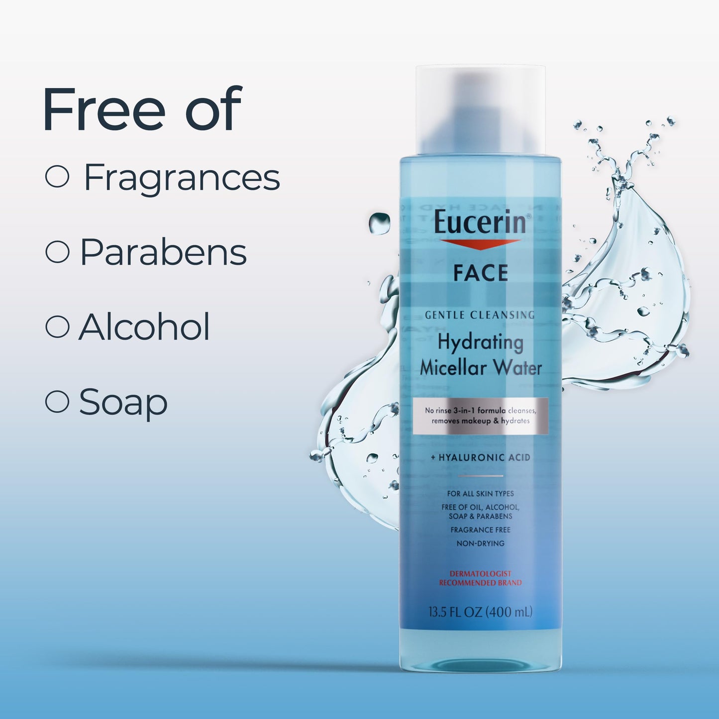 Eucerin Face Gentle Cleansing Hydrating Micellar Water with Hyaluronic Acid, Face Cleanser and Makeup Remover, Fragrance Free and Non-Drying for All