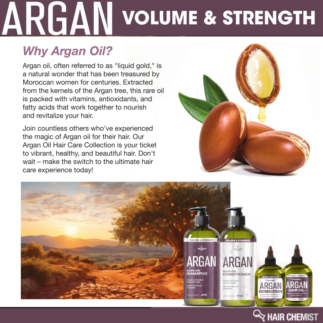 Hair Chemist 99% Natural Volume and Strength Hair Oil - Argan Oil 7.1 oz.